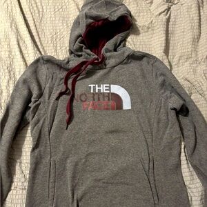 Medium Northface hoodie, gray with maroon details